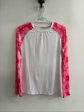 White Raglan Long-Sleeve Top with Pink Printed Sleeves